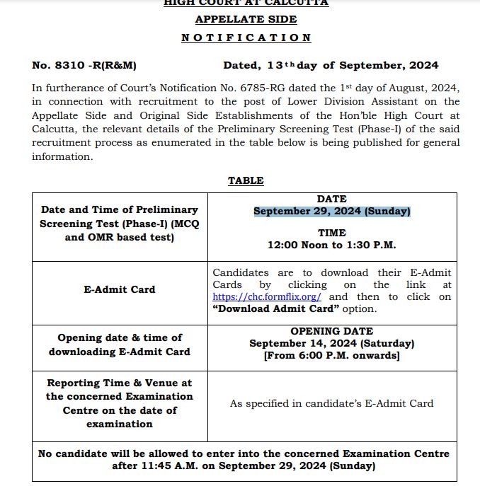 Calcutta high Court LDA Admit Card Notice