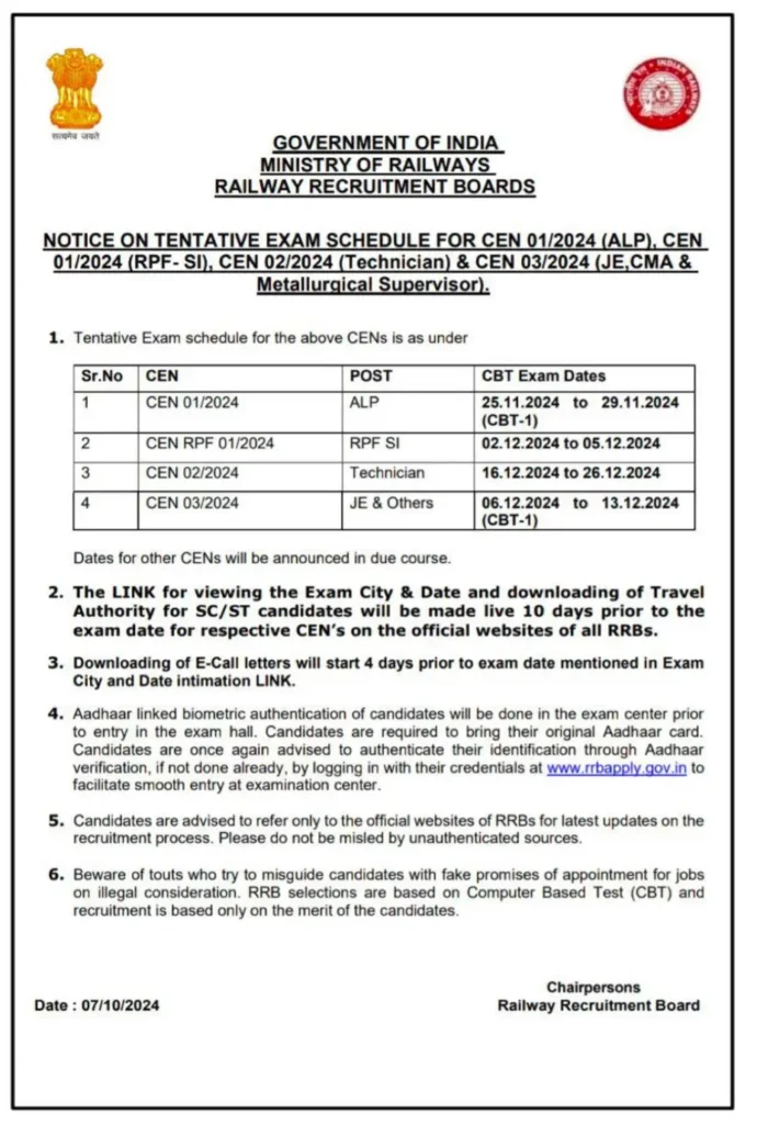 RRB Exam Date