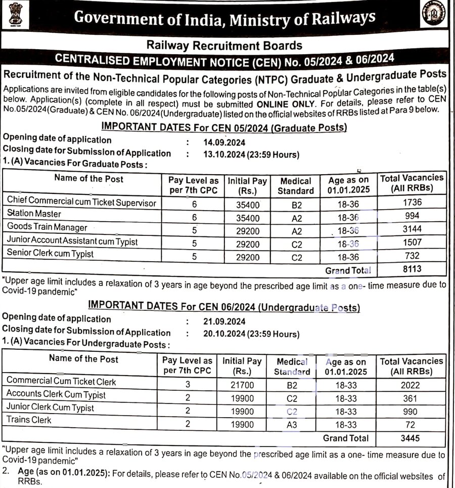 RRB NTPC Application Form Brief