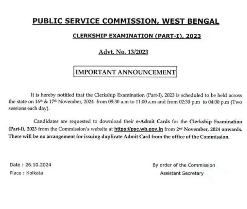 WBPSC Clerkship Admit Card 2024 Release Date