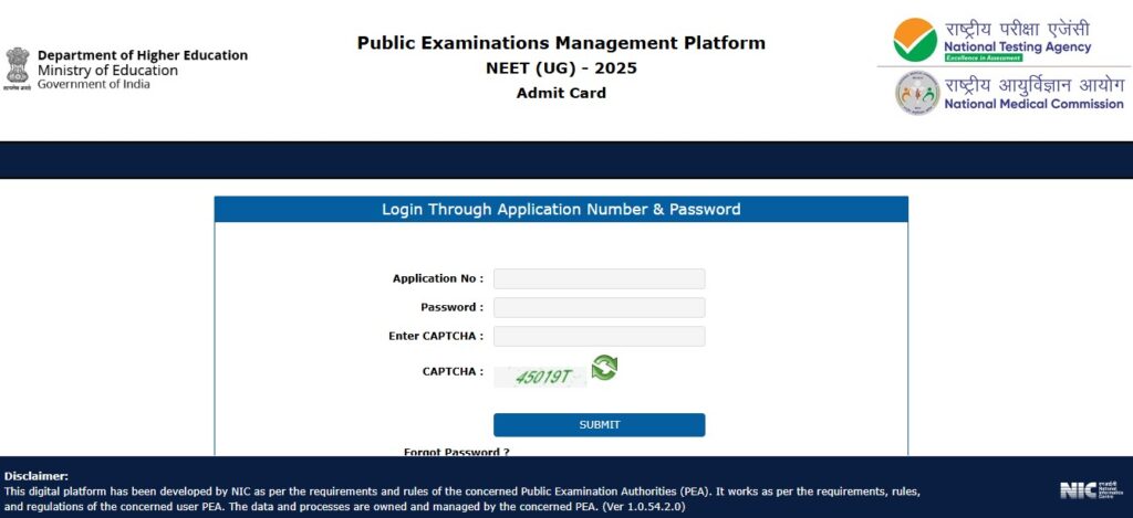 NEET UG Admit Card Download Link