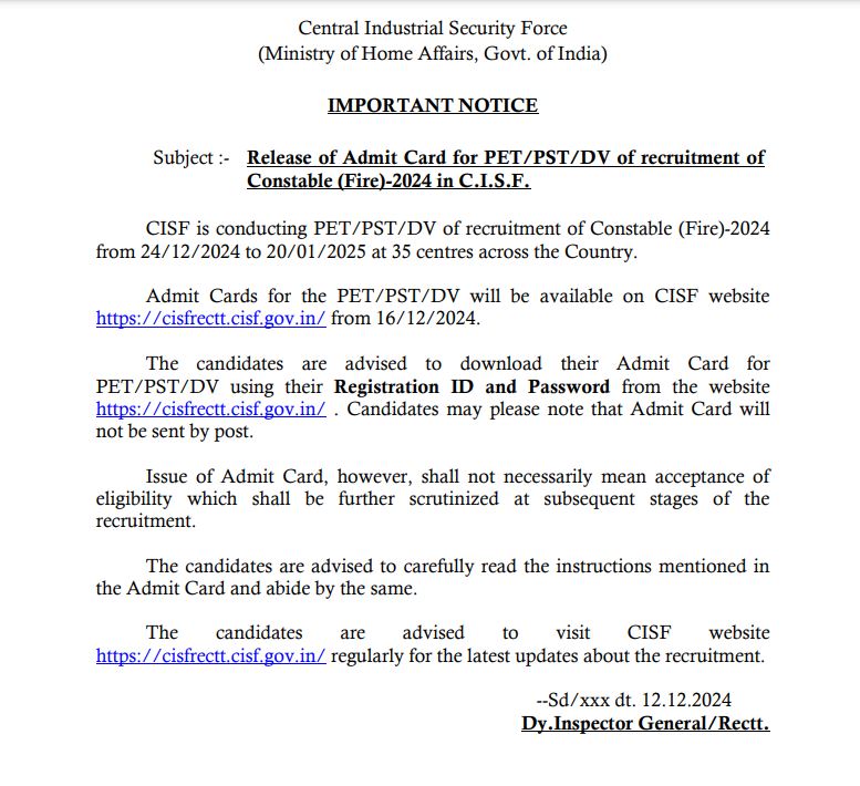 CISF Fireman Admit Card Download Link Notice