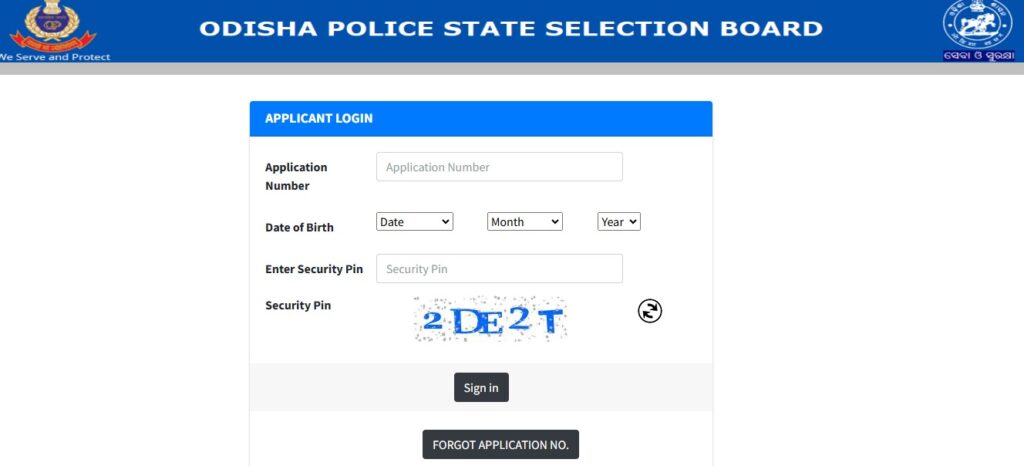 Odisha Police Constable Admit Card Login Page