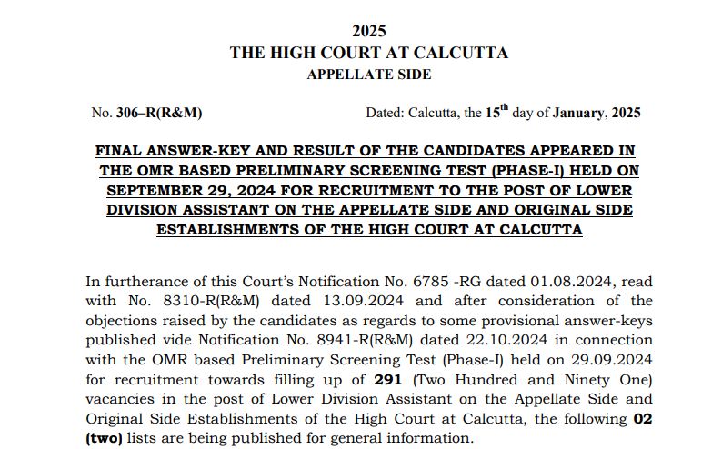 Calcutta High Court LDA Result Notice