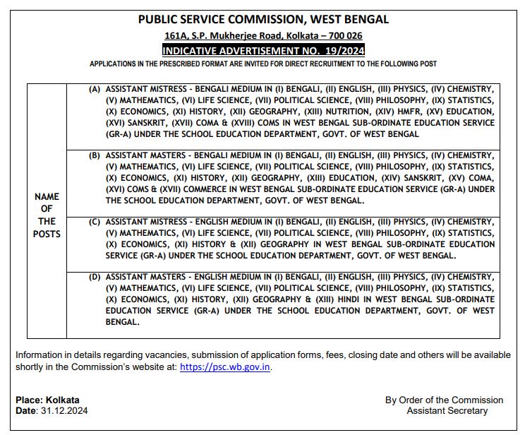 WBPSC Assistant Master and Mistress Vacancy 2025 short notice