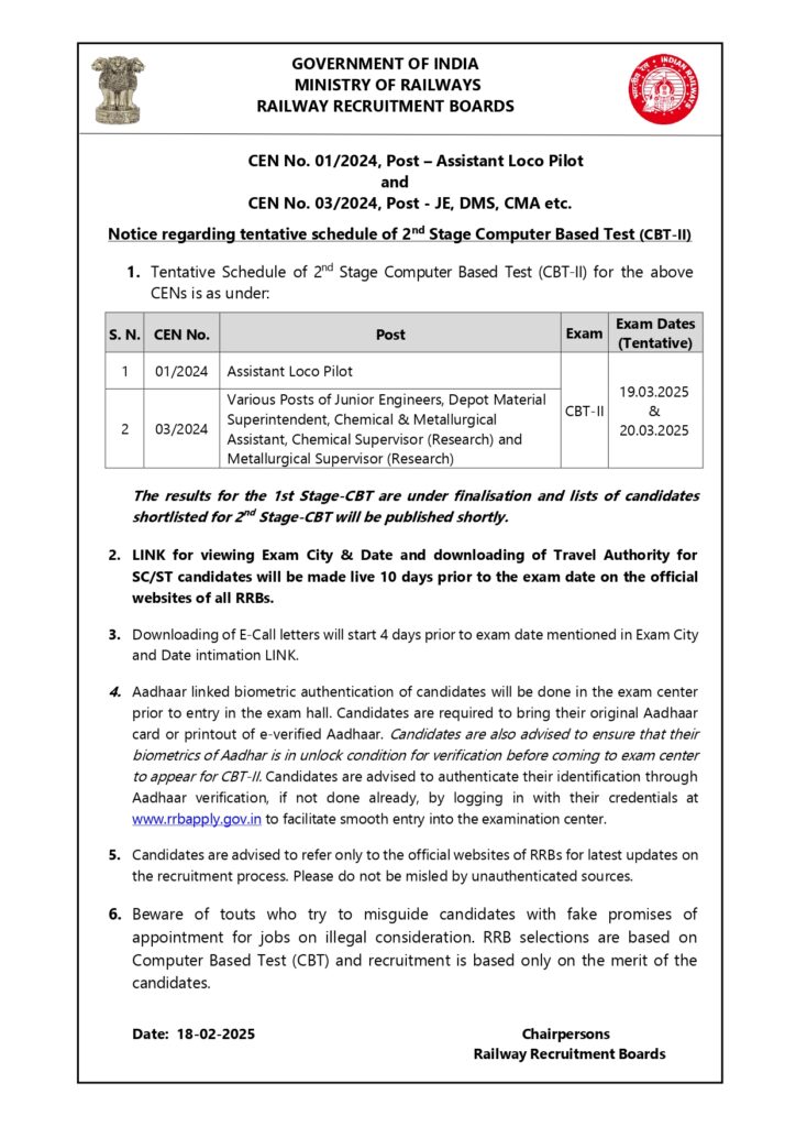 RRB ALP CBT 2 Schedule