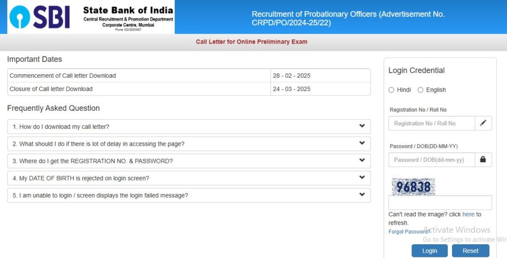 SBI PO Prelims Call Letter Download Link