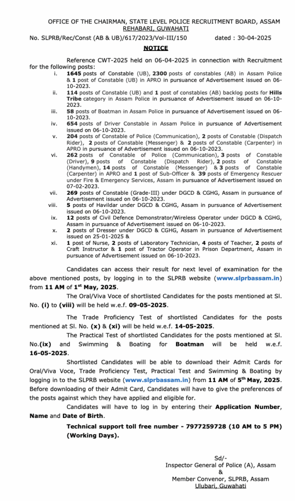 Assam Police Constable Result Notice
