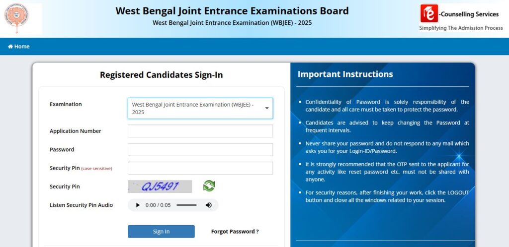 WBJEE Amit Card Login Page