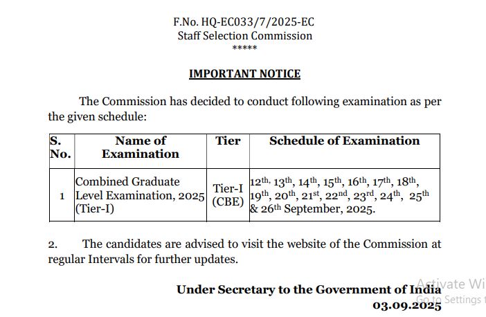 SSC CGL Tier 1 Exam Date Notice
