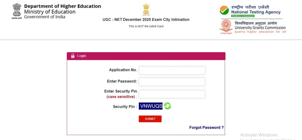 UGC NET Exam City Intimation Link