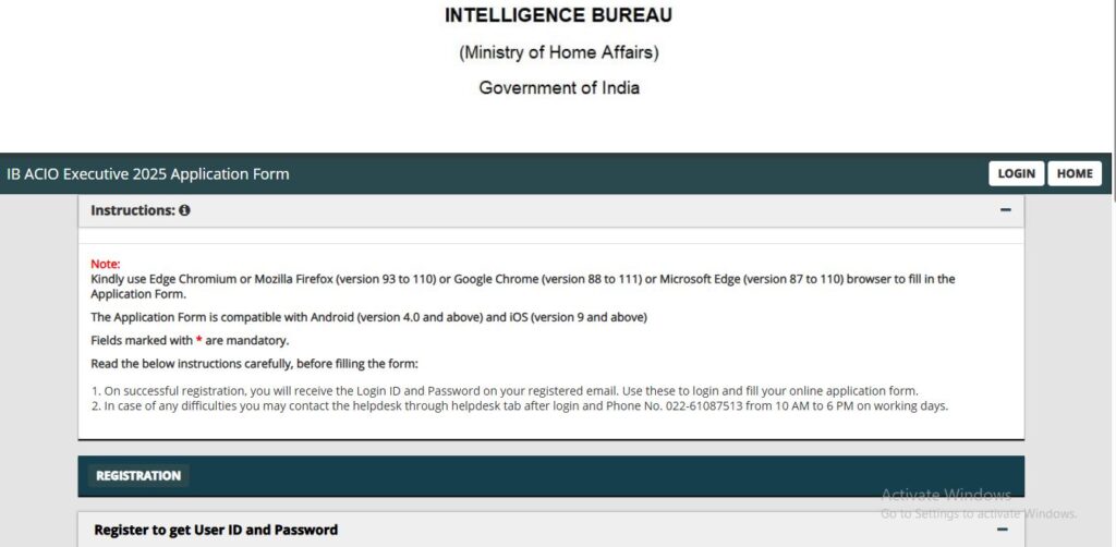 IB ACIO Apply Online Step 1 Registration