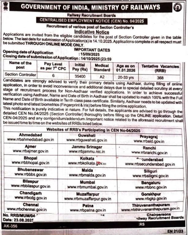RRB Section Controller Recruitment 2025 Short Notice