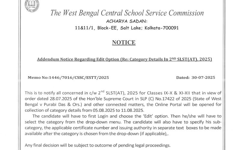 WBSSC SLST Application Correction 2025 Notice Dtd 30/07/2025