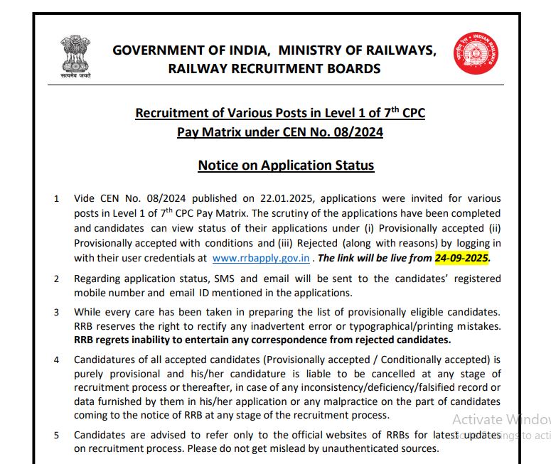 RRB Group D Application Status Notice