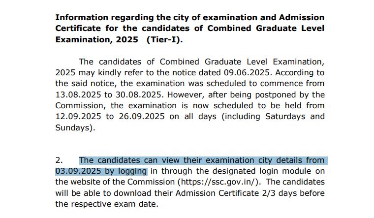 SSC CGL Exam City Intimation Slip Notice