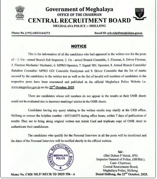 Meghalaya Police Written Result Notice