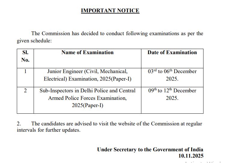 SSC JE Exam Date Notice