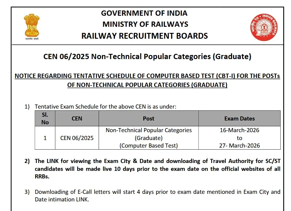 RRB NTPC Admit Card Download Notice