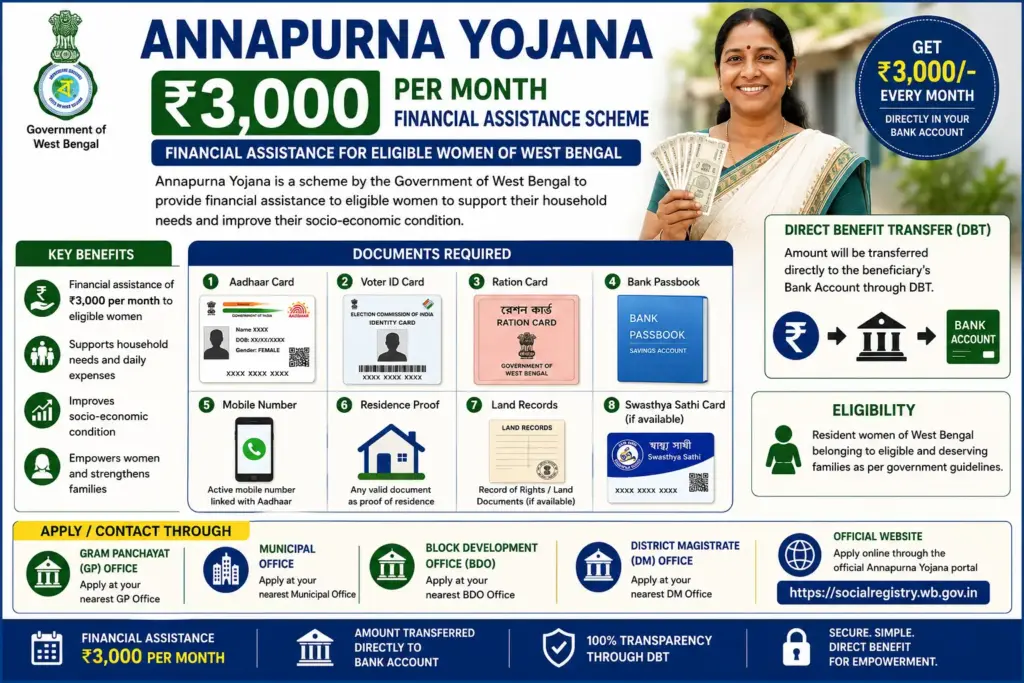 The Annapurna Bhandar Scheme 2026 is a financial assistance scheme launched by the Government of West Bengal to provide ₹3,000 per month to eligible women through Direct Benefit Transfer (DBT).